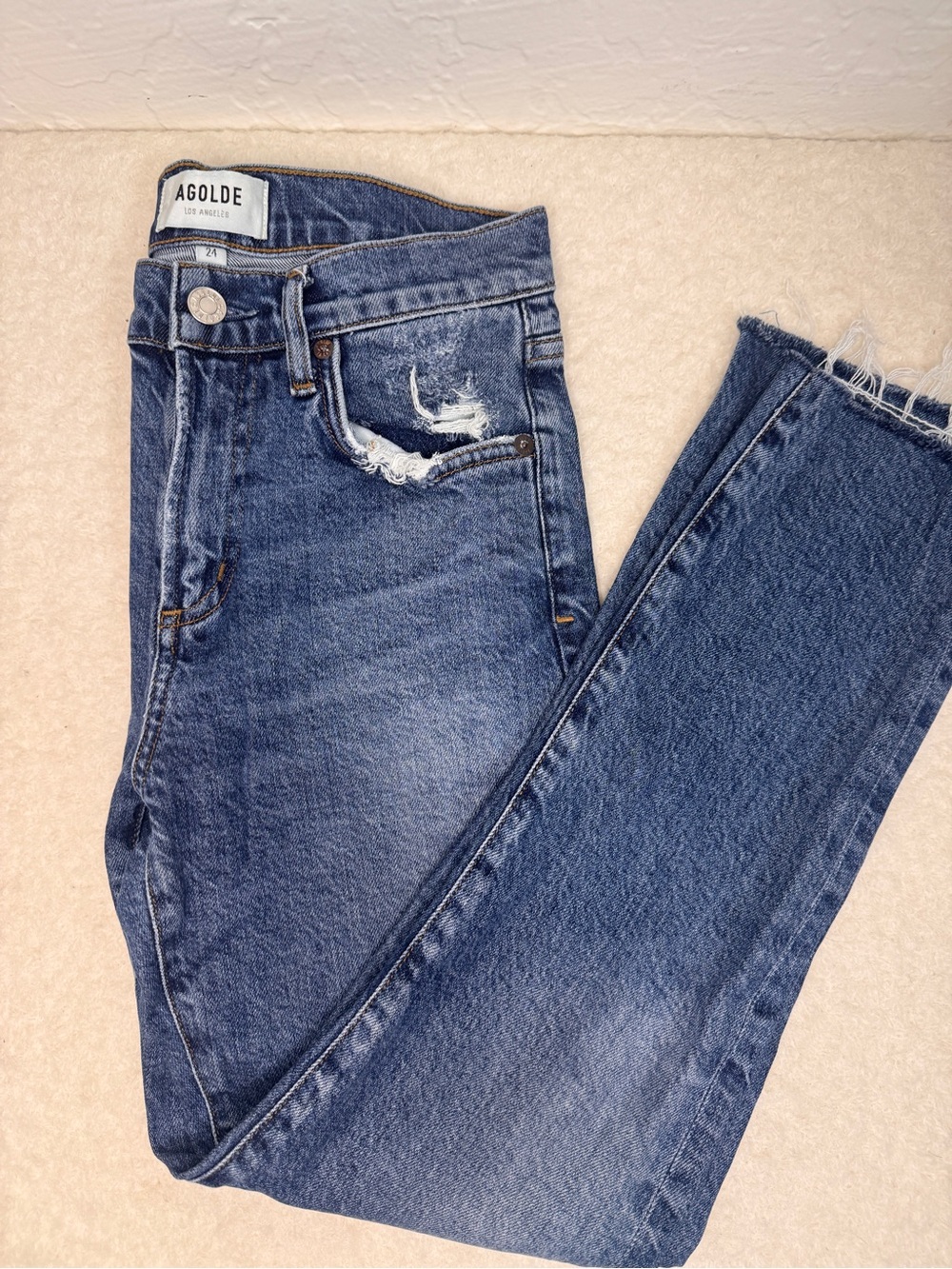 Agolde Dark Blue High-Rise Distressed Straight Jeans